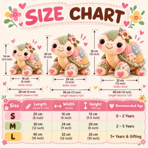 Size chart for the patchwork turtle sewing pattern: small 20 cm (8 in), medium 30 cm (12 in) and large 40 cm (16 in) long, with width and sitting height measurements.