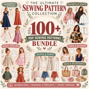 May include: A digital collection of 100+ PDF sewing patterns featuring various clothing styles including dresses, jackets, coats, tops, blouses, skirts, trousers, and accessories. The graphic includes photos of finished garments and line drawings.