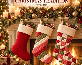 Quilted Christmas Stocking Sewing Pattern PDF, Personalized Patchwork Stocking with Fur Cuff, 3 Sizes