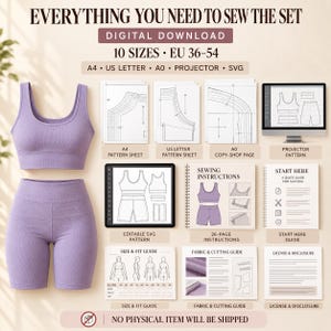 May include: A digital sewing pattern set for a lavender ribbed sports bra and biker shorts. Includes 10 sizes from EU 36-54, A4, US Letter, A0, projector, and SVG files. Features sewing instructions, a start guide, size and fit guide, and fabric guide.