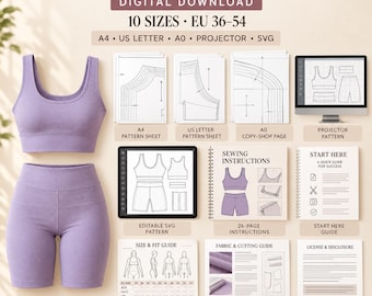 Yoga Top and Shorts Sewing Pattern PDF, Women's Activewear Pattern, Crop Top & Bike Shorts Sewing Pattern, Sizes XS-3XL, Instant Download