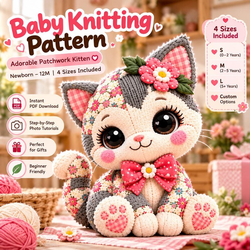 Patchwork Cat Sewing Pattern PDF | Stuffed Cat Plush Pattern | 10 Sizes 12–21 Inch | Memory Cat from Clothing | Keepsake Plush image 1
