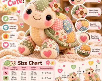 Puede incluir: Un juguete de peluche de tortuga con un caparazón de patchwork con patrones florales, de cuadros y de lunares en colores pastel. La tortuga tiene grandes ojos negros, mejillas rosadas y una flor de tela con un botón en el centro. Una tabla muestra las medidas en cm.