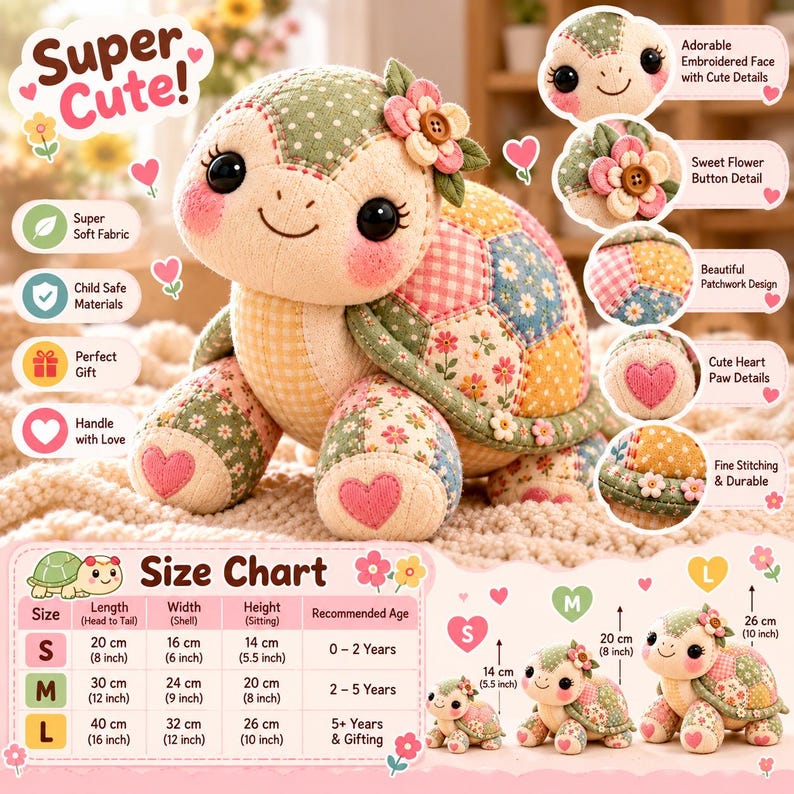 Patchwork turtle sewing pattern PDF showing a cute stuffed turtle plush with floral patchwork shell, embroidered face, heart paws and fabric flower, plus a size chart for small, medium and large.