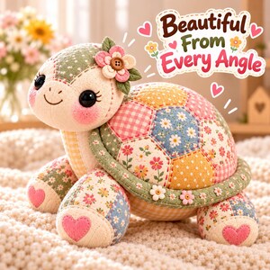 Side view of a handmade patchwork turtle plush showing the rounded shell, soft legs and heart paw accents. Beautiful from every angle stuffed animal sewing pattern.