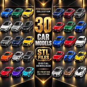 Op de afbeelding: Een digitale collectie van 30 automodellen in STL-bestandsformaat voor 3D-printen. De afbeelding toont een raster van diverse sportwagens in meerdere kleuren, waaronder blauw, groen, geel, wit, zilver, zwart, rood, oranje en paars.