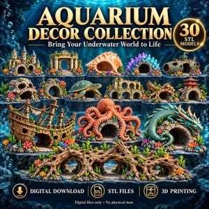 Puede incluir: Una colección digital de 30 modelos STL para decoración de acuarios, con estructuras submarinas como castillos, naufragios, una tortuga marina, un pulpo y un dragón. El texto dice AQUARIUM DECOR COLLECTION, 30 STL MODELS, DIGITAL DOWNLOAD, STL FILES, 3D PRINTING.
