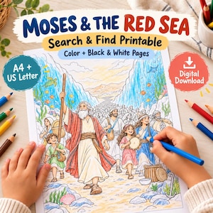 Moses och Röda havet Sök och hitta utskrivbar, bibelaktivitet för barn (digital nedladdning)