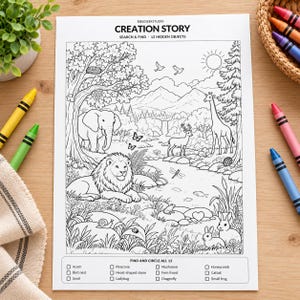 May include: A white paper activity sheet titled CREATION STORY SEARCH & FIND - 12 HIDDEN OBJECTS featuring a black and white line art illustration of a forest landscape with a lion, elephant, giraffe, deer, and various small animals.