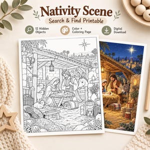 May include: A Nativity Scene Search & Find printable digital download featuring a black and white line art coloring page of a stable with figures and animals, alongside a full-color version of the same scene showing a star-lit night sky.