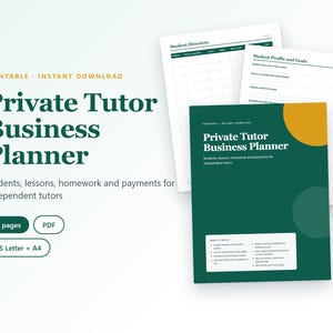 May include: A Private Tutor Business Planner document set featuring a dark green cover with yellow and green circles, including pages for a student directory and profile. The text reads Private Tutor Business Planner, 17 pages, PDF, US Letter + A4.