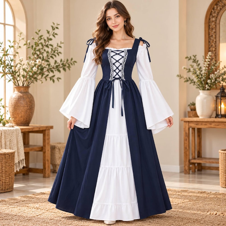 Yellow Renaissance Dresses Women's Renaissance Maxi Dress, Lace-up Corset Gown With Bell Sleeves ...
