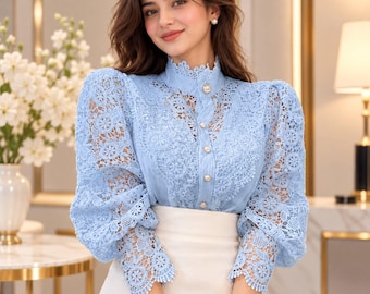 Embroidered Lace Blouse, High Neck Puff Sleeve Shirt, Elegant Office Wear