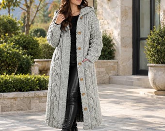 Women's Long Hooded Cardigan Coat with Pockets