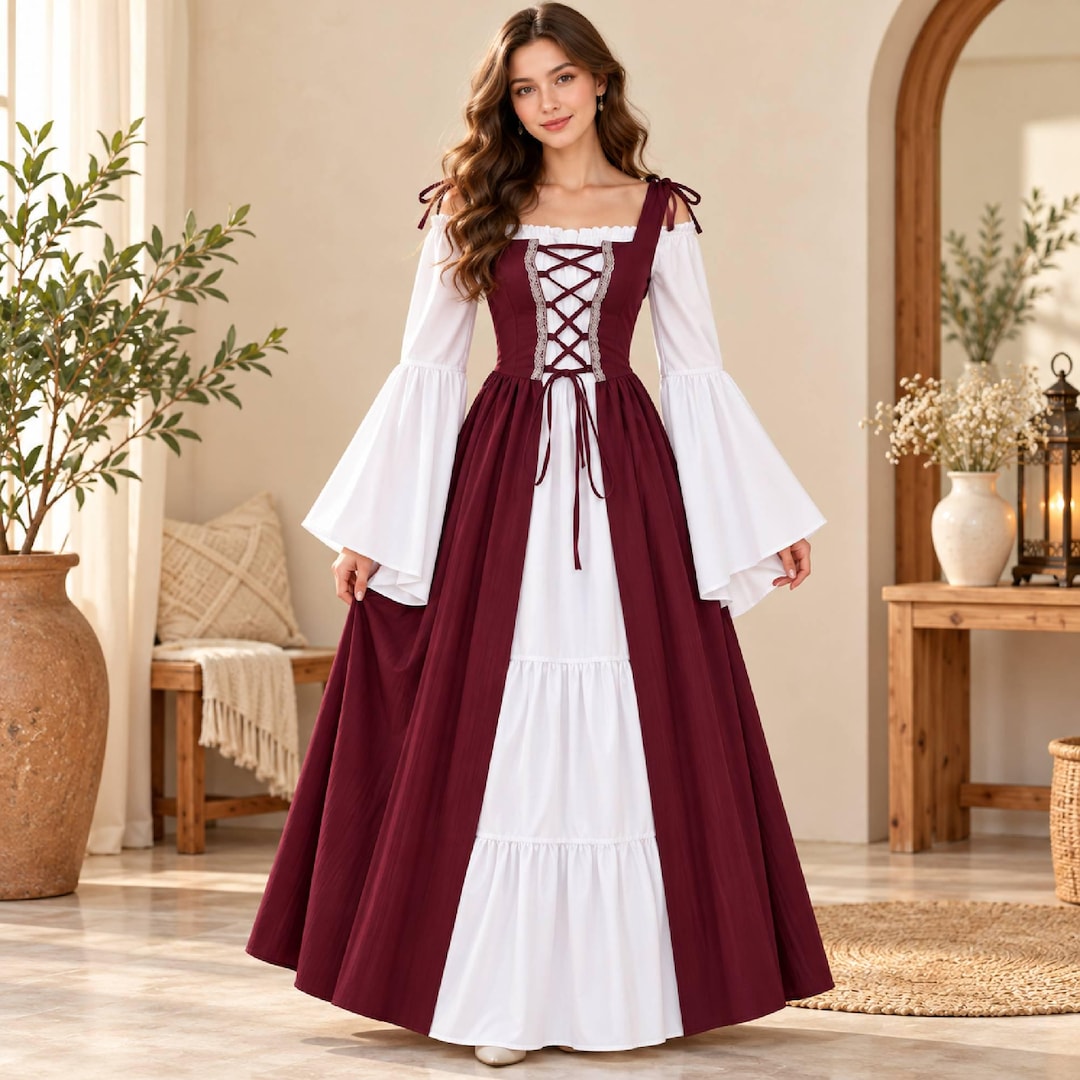 Yellow Renaissance Dresses Women's Renaissance Maxi Dress, Lace-up Corset Gown With Bell Sleeves ...