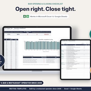 Puede incluir: Una plantilla digital de lista de control para abrir y cerrar bares en Microsoft Excel y Google Sheets. La pantalla muestra un panel de operaciones con porcentajes de finalización, un gráfico de barras diario y una lista de tareas.