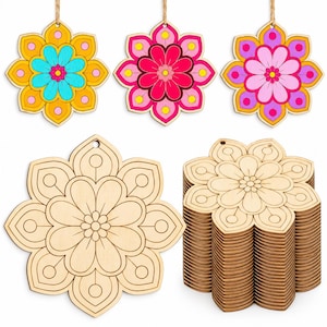 May include: A set of flower-shaped wooden ornaments, including three finished pieces in yellow, blue, pink, and red, alongside several unfinished natural wood pieces with engraved mandala-style floral patterns and hanging holes.