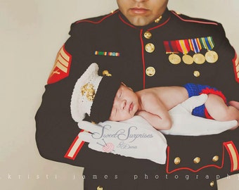 HANDMADE Crochet Marine Corps USMC Hat with Matching Diaper Cover - Dress Blues- Newborn-6-12 Mo US Marine Corps Hat
