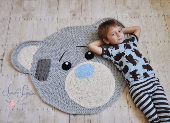HANDMADE Crochet 30"x 38" Tattered Teddy Reading Rug/Nursery Rug Brown or Gray- Throw Rug Children's Room Rug- Children's Bear Rug