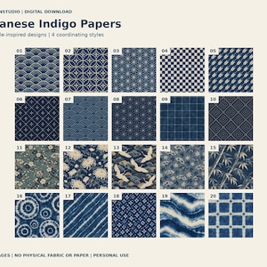 Papéis digitais em tons de índigo japonês: 20 padrões inspirados em tecidos para diários e álbuns de recortes.
