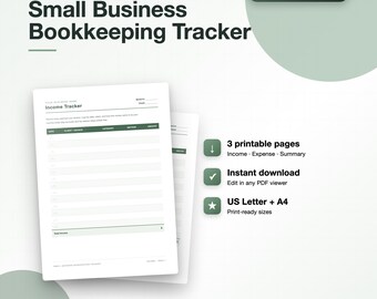 Small Business Bookkeeping Tracker, Income Expense Log, Profit Loss Tax (Digital Download)
