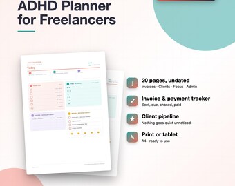 ADHD Freelancer Planner, Invoice Tracker, Client Pipeline, Focus Blocks (Digital Download)