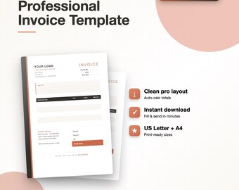 Auto-Calculating Invoice Template, Excel, Google Sheets, PDF (Digital Download)