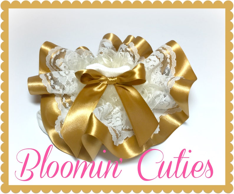and Gold Satin Ribbon Newborn Infant Toddler and Girls SUPER RUFFLE SOCKS by Bloomin Cuties Boutique Ivory Cream Lace Organza
