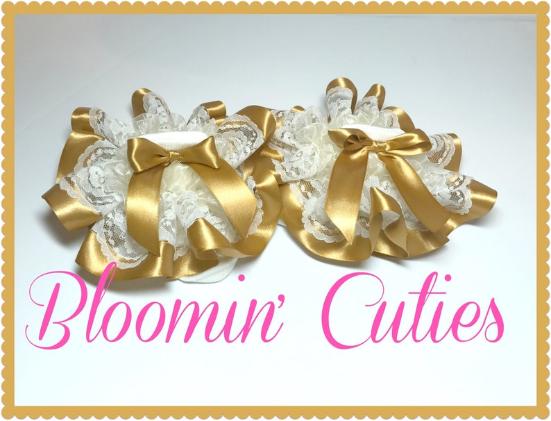 and Gold Satin Ribbon Newborn Infant Toddler and Girls SUPER RUFFLE SOCKS by Bloomin Cuties Boutique Ivory Cream Lace Organza