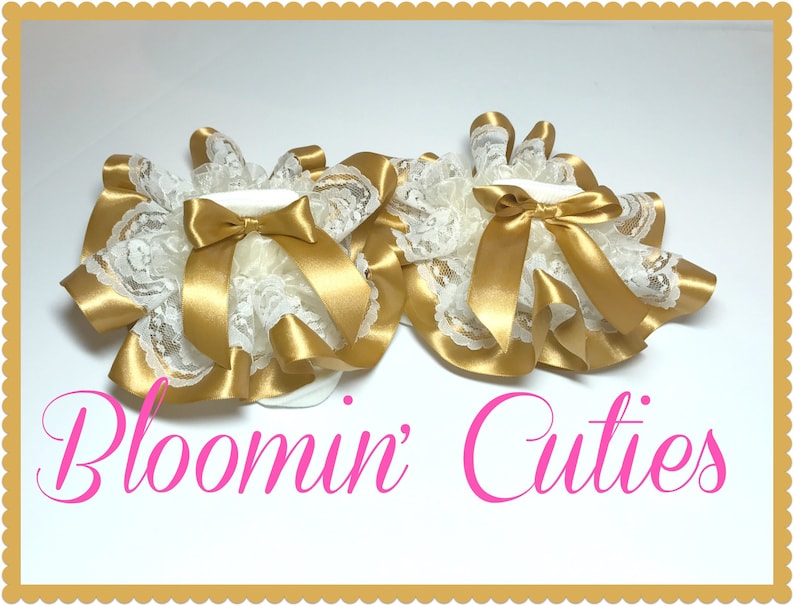 and Gold Satin Ribbon Newborn Infant Toddler and Girls SUPER RUFFLE SOCKS by Bloomin Cuties Boutique Ivory Cream Lace Organza