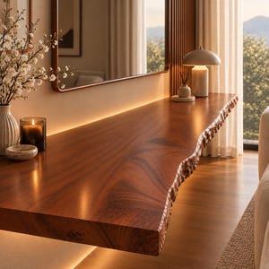 May include: A floating wall-mounted shelf made of dark brown wood with a natural live edge. The shelf features a smooth, polished surface with visible wood grain and is illuminated from underneath by integrated warm LED lighting.