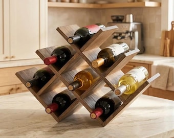 Handcrafted Wooden Wine Rack, 8-Bottle Diamond Lattice Holder, Countertop Storage