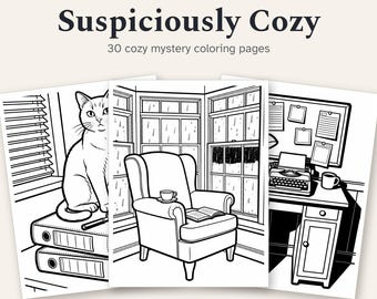 Cozy Mystery Coloring Pages Printable, 30 Bold and Easy Cat Detective Designs for Adults, Cat Coloring Book PDF Download