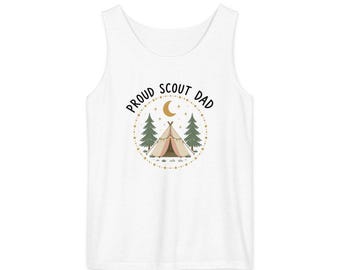 Camiseta sin mangas "Orgulloso papá scout", camiseta sin mangas con estampado de tienda de campaña estrellada para papás scouts, camiseta sin mangas holgada teñida en prenda, regalo para un papá de tropa.