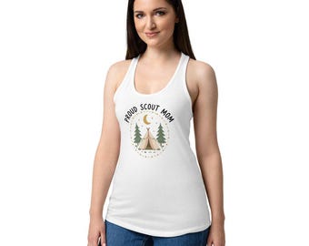 Camiseta sin mangas estilo racerback "Mamá Scout Orgullosa", Camiseta sin mangas con diseño de tienda de campaña estrellada para mamás scouts, Camiseta sin mangas de verano para mujeres, Regalo para una mamá de tropa
