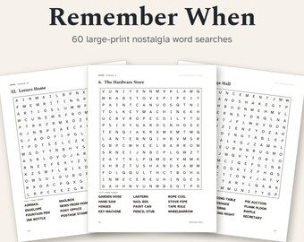 Large Print Word Search Printable for Seniors, 60 Nostalgia Puzzles, Easy Forward Only Word Find, PDF Download