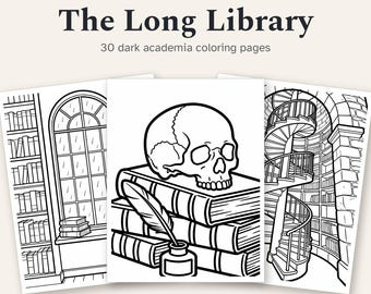 Dark Academia Coloring Pages Printable, 30 Bold and Easy Library Designs for Adults and Teens, Bookish Coloring Book PDF Download