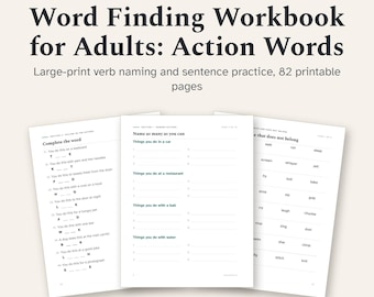 Word Finding Workbook Printable, Action Words, Large Print Verb Naming and Sentence Practice for Adults, PDF Download