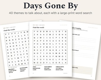 Memory Activities for Seniors Printable, 40 Large Print Reminiscence Themes, Word Searches and Conversation Questions, Activity Pack PDF