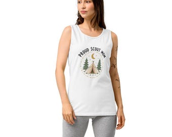 Camiseta sin mangas "Orgullosa mamá scout", camiseta sin mangas con estampado de tienda de campaña estrellada para mamás scouts, camiseta sin mangas holgada teñida en prenda, regalo para una mamá de tropa.