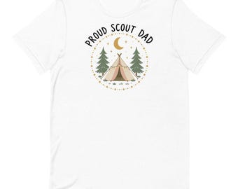 Camiseta "Orgulloso papá scout", camiseta de camping con tienda de campaña estrellada para papás scouts, camiseta unisex de algodón, regalo para un papá de tropa.