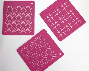 Sashiko Stencil Set of 3, Hemp Leaf, Waves, Seven Treasures, Visible Mending Template, Reusable Embroidery Marking Tool