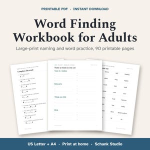 Può includere: Un quaderno di esercizi in PDF stampabile intitolato Word Finding Workbook for Adults, con 90 pagine di esercizi di denominazione e vocabolario in caratteri grandi, incluse sezioni come Complete the word e Name as many as you can.