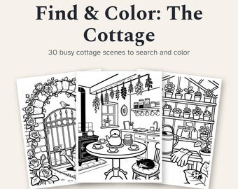 Cottagecore Coloring Pages Printable, 30 Bold and Easy Hidden Object Scenes for Adults, Cozy Cottage Coloring Book PDF Download