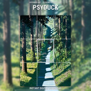 Può includere: Una pagina digitale per raccoglitore a 9 tasche con arte estesa di uno Psyduck su una lunga scala di pietra in una foresta. Il testo in alto recita EXTENDED ART 9-POCKET BINDER PAGE PSYDUCK e in basso INSTANT DIGITAL DOWNLOAD.