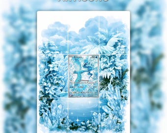 May include: An Articuno extended art 9-pocket binder page featuring a blue-toned illustration of the Pokémon Articuno surrounded by icy foliage and crystals. The text reads EXTENDED ART, 9-POCKET BINDER PAGE, ARTICUNO, and INSTANT DIGITAL DOWNLOAD.