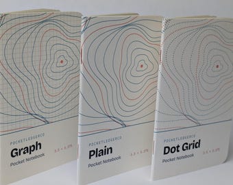 Handmade Pocket Notebook Set | Topographic Contour Covers, Plain, Dot Grid, Graph (3.5" x 5.375")