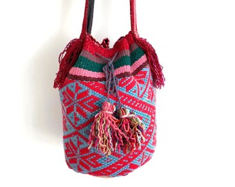 Peruvian drawstring bag made from handmade frazada textile - DB3