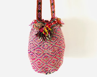 Drawstring bag made with handmade Peruvian frazada fabric - JZ53