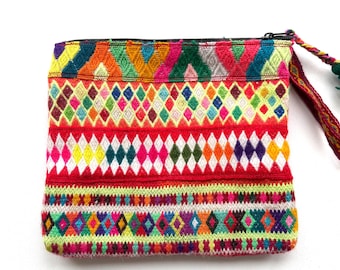 Unique boho ethnic pouch clutch bag made with Peruvian vintage handmade fabric -